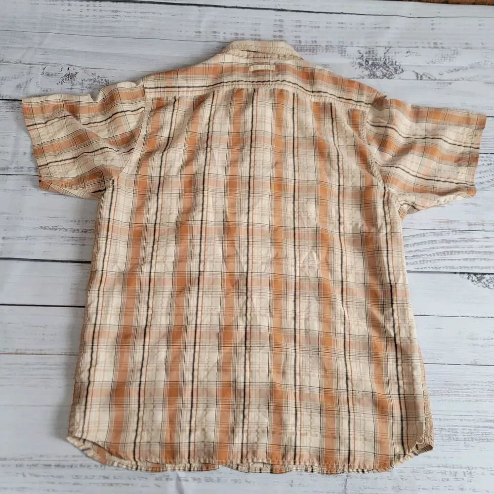 The North Face Shirt Mens M Brown Plaid Hiking Short Sleeve Seersucker Button Up